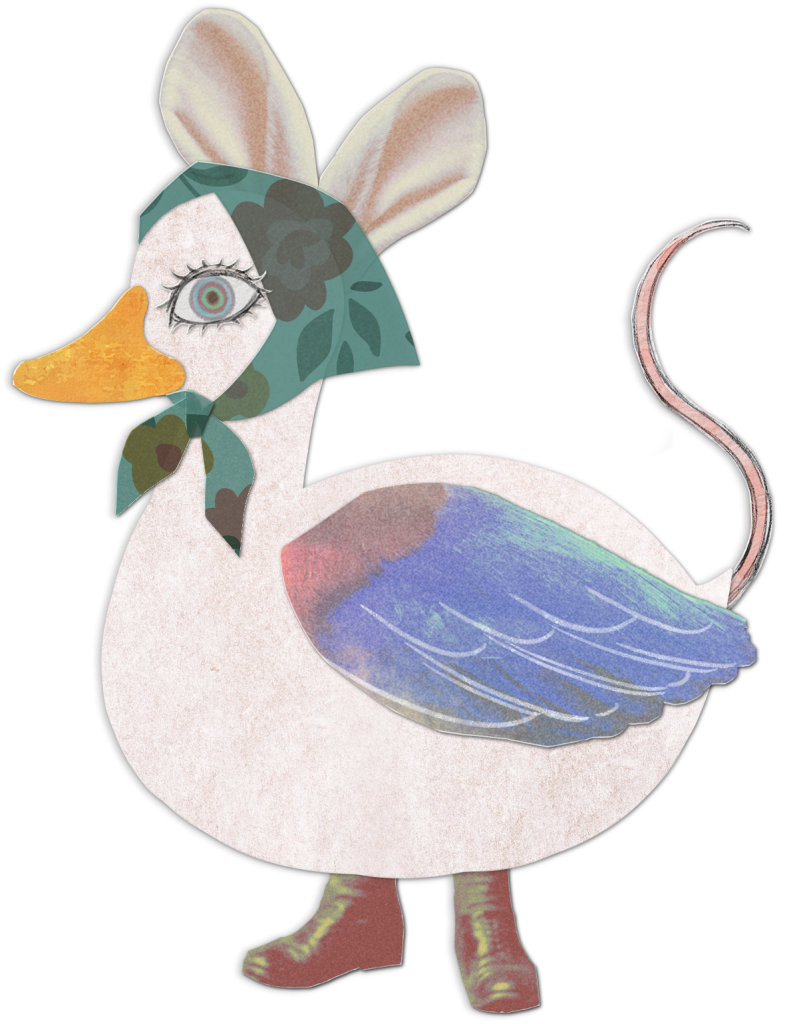A collaged goose that has rabbit ears, blue bird wings, rat tail, and wearing a patterned scarf and boots