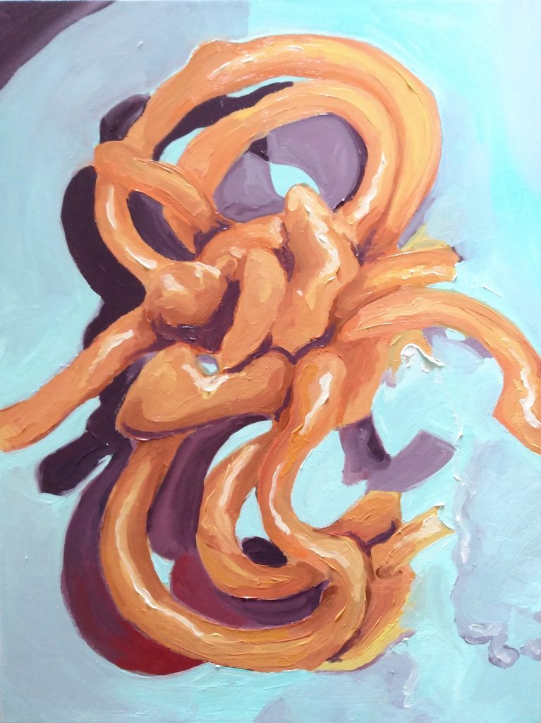 A painting in oil on canvas. An orange jalebi, an Indian dessert that resembles an orange squiggle, rests on a teal plate and casts purple shadows.