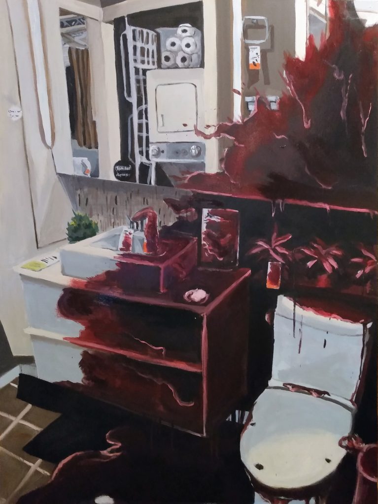 An oil painting of an IKEA bathroom set covered in blood. Blood spills over the bathroom mirror, floor, and vanity, but the toilet is almost untouched. In the mirror, a set of laundry machines are seen in a closet. Over the toilet, three houseplants are mounted on a shelf.