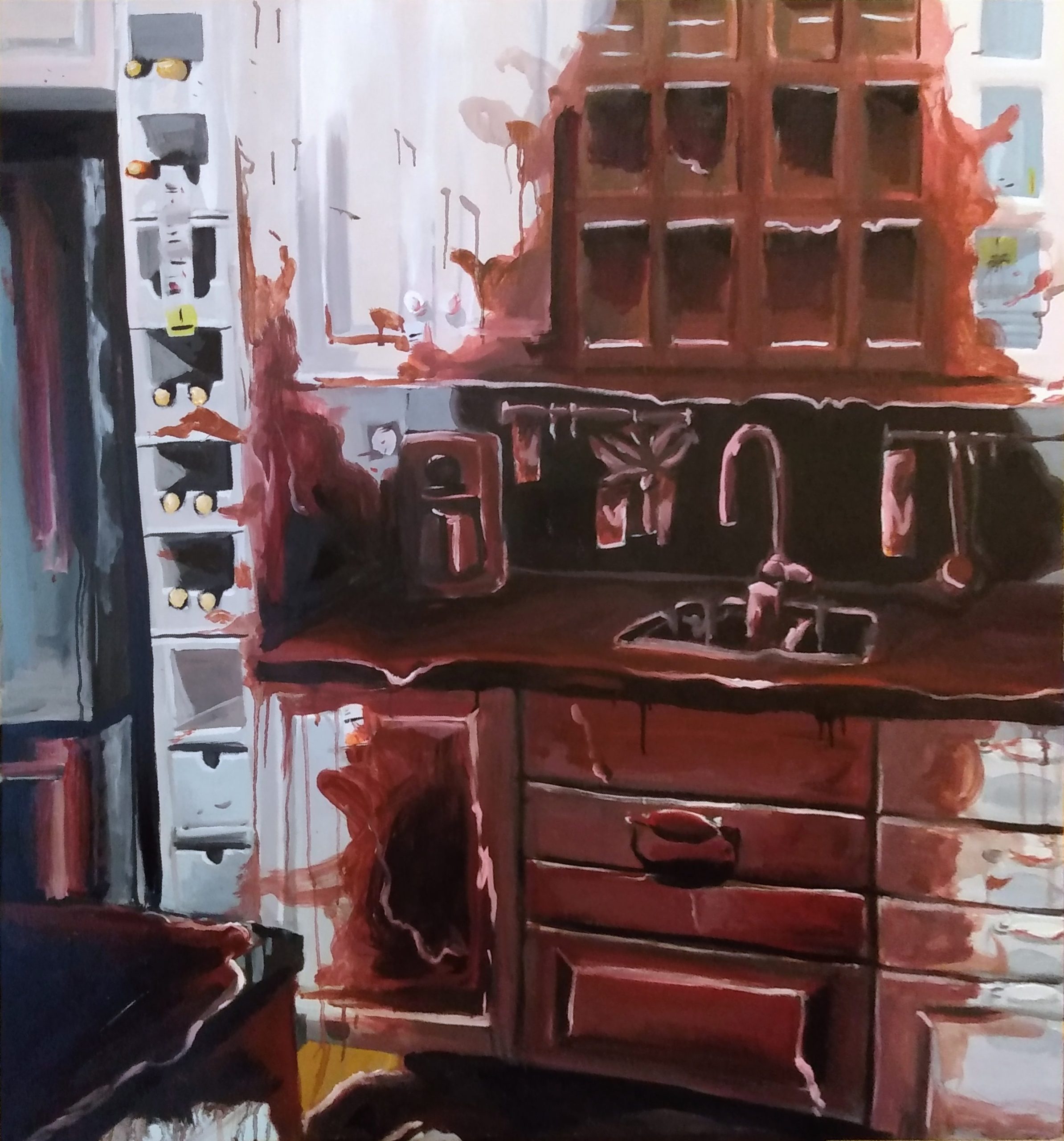An oil painting of an IKEA kitchen set covered in blood. The wine rack and island are stained in blood and something bloody is also reflected in the stainless steel fridge. blood pools on the floor in front of the sink.