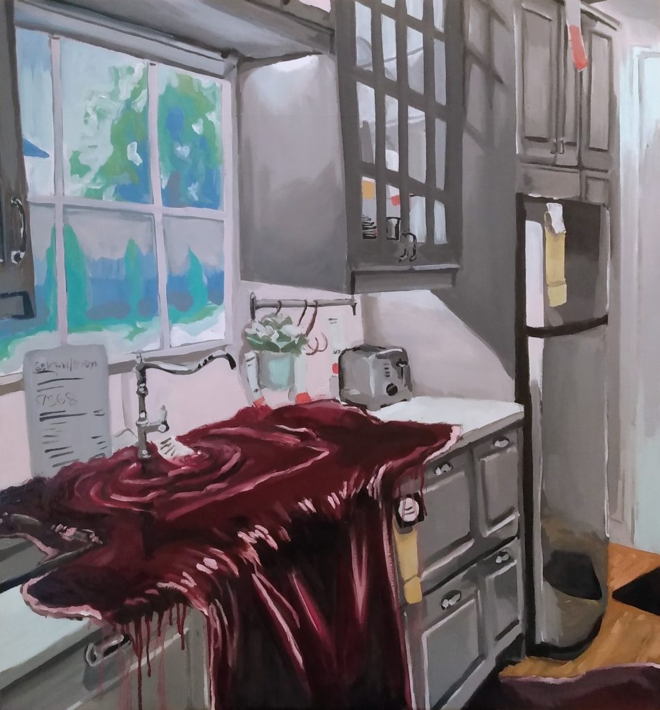 An oil painting of an IKEA kitchen set covered in blood. Blood pours out of the sink, cascades over the cabinets, and spills on the floor. A false window is lit up over the sink.