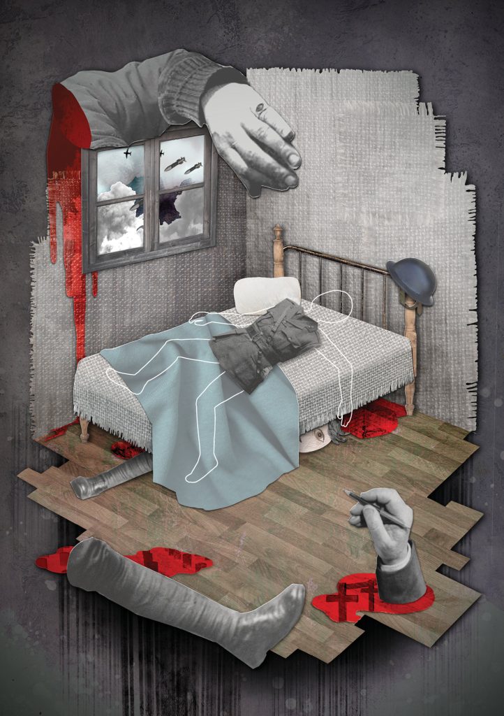 Illustration of "The Untidy Man." A silhouette of a person wearing soldier uniform is lying on the bed. A head hides under the bed on the wooden floor. Legs and arms of Robert Graves frame the image, dripping blood. Scenes of war and graves are overlayed in the blood spots. Missals and planes are seen in the sky outside of a small window. 