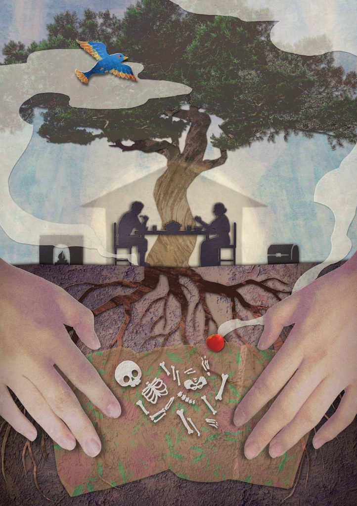 Illustration of "My Mother, She Killed Me." The image is divided in half. The top half features a big juniper tree with silhouette of a man and woman sitting at a table eating stew in front of it. There is a fireplace on their left side and a chest on the right side. Photo cutout of two hands reach down to the bottom half, showing roots of the tree and a cartoonish skeleton in front. A red apple lies beside the bones with smoke coming out from it, reaching back to the top of the image to bring out a blue bird flying in front of the tree.