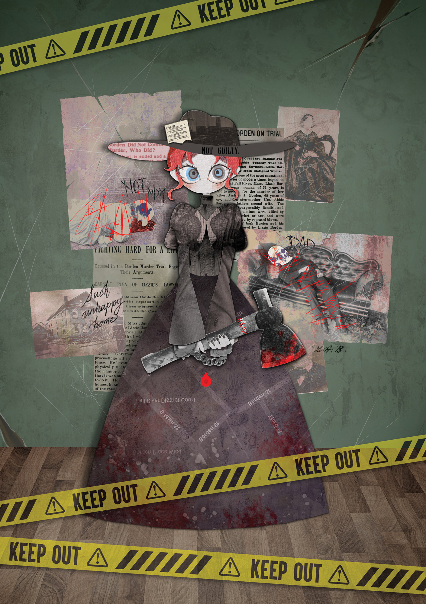 Illustration of Lizzie Borden. Lizzie is wearing a black hat and dress, handcuffed, holding an bloodied axe, standing in front of a dark green wall, with yellow tapes saying "keep out" in front. Text on her hat says "not guilty"; a map is on her dress showing the location of the crime scene, with the pin upside down, like a blood drop. There are newspaper cutouts and photos on the wall, featuring the trail, crime scenes, and photos of Lizzie's parents with their faces smudged. Writings on photos include: House: "such unhappy home", body of Abby: "Not mom", body of Andrew: "Dad".  