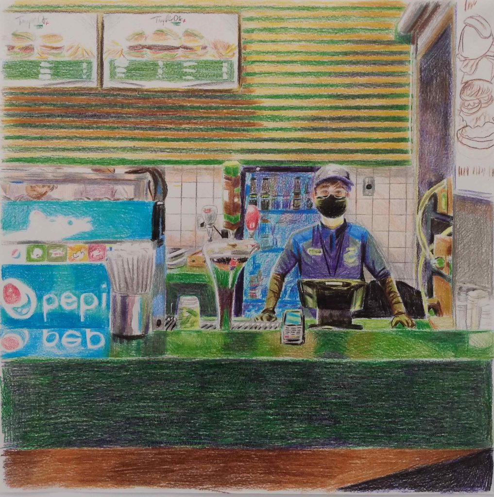 A drawing in pencil crayon on paper. A person stands behind the counter at a fast-food kiosk, hands braced on either side of a cashier monitor. In the background, a fridge holds bottled soft drinks and wall-mounted TVs display the menu for Triple O's. A soda fountain, a tap with three kinds of beer, and a container of drinking straws are seen on the left of the counter. A pin pad is on the counter in front of the cashier.