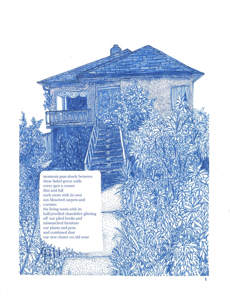page 1 of renoviction. a front view of the house and its garden in bloom, with a view up its front path and steps of its front door and open front windows. the image is in densely detailed in monochromatic blue on white, with all details in the same colour. text is displayed in the bottom left, which is transcribed to the right of the image. 