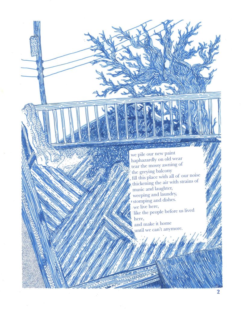 page 2 of renoviction. view of the back balcony. a tree without leaves, roof and powerline can be viewed from beyond the railing. the image is in densely detailed in monochromatic blue on white, with all details in the same colour. text is displayed in the middle right, which is transcribed to the right of the image. 