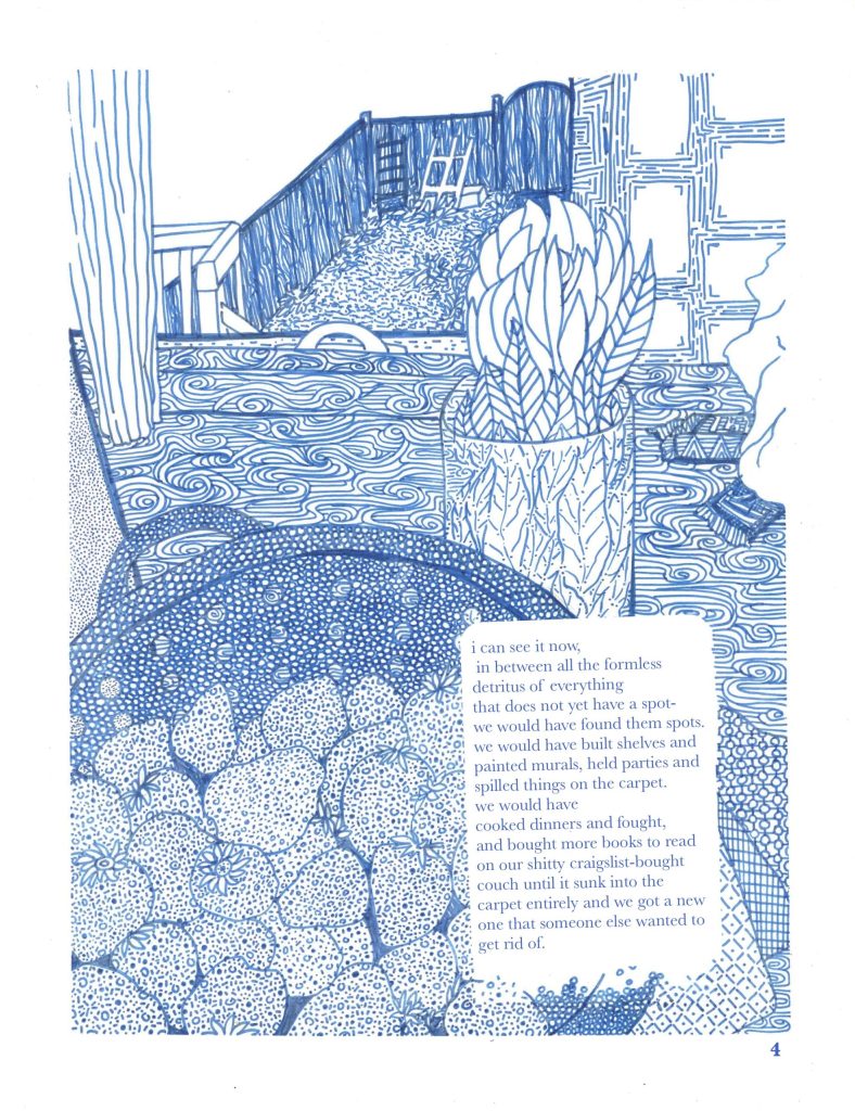 page 4 of renoviction. a strainer full of strawberries and a vase with a single flower and leaves sit on a kitchen counter. behind the counter, a window shows a view of the backyard fence and empty garden. other miscellaneous items are on the right on the counter. the image is in densely detailed in monochromatic blue on white, with all details in the same colour. text is displayed in the bottom right, which is transcribed to the right of the image. 