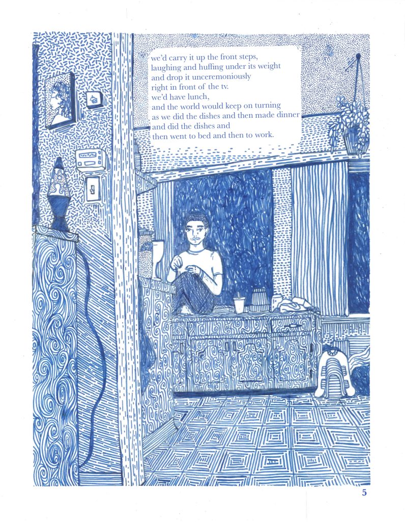 page 5 of renoviction. from the living room, looking into the kitchen. a person sits on the kitchen counter, with miscellaneous items on the counter and floor beside. behind them is a dark window. there is a shelf to the left of the doorway with a lava lamp, and above it there is a light switch and small paintings. the image is in densely detailed in monochromatic blue on white, with all details in the same colour. text is displayed in the middle top, which is transcribed to the right of the image. 