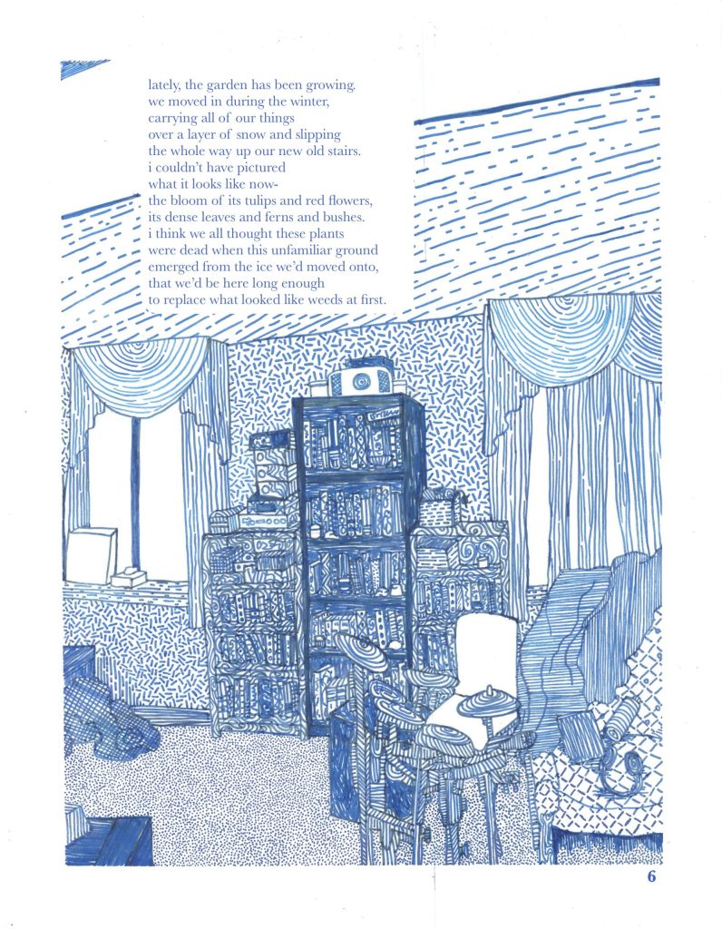 page 6 of renoviction. densely packed bookshelves surrounded by two curtained windows. in front of the shelves is a small drum set and a chair. beside them is a large armchair with miscellaneous items on it. the image is in densely detailed in monochromatic blue on white, with all details in the same colour. text is displayed in the top left,  which is transcribed to the right of the image. 