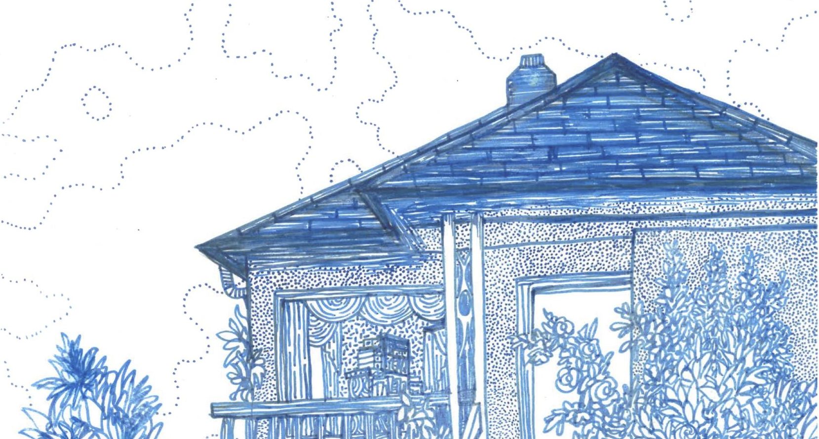 a close up of page 9 of renoviction, showing the house from the front and the sky behind it.