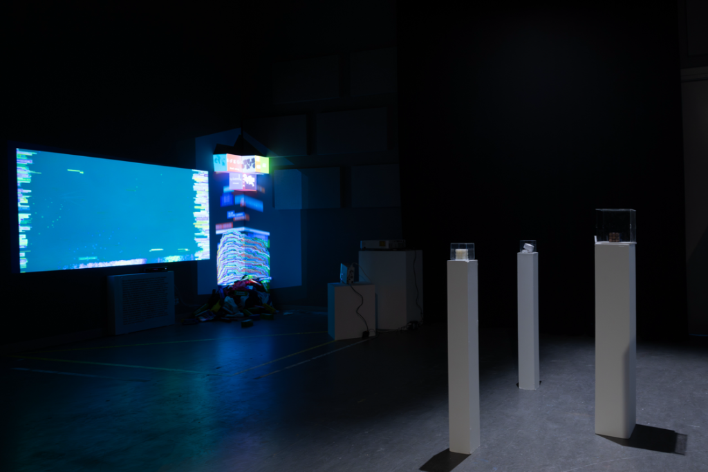 Installation view of a darkened space with a large digital display and 3 small podiums holding artifacts covered in lucite cases.